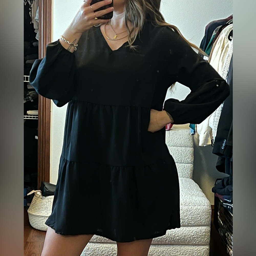 Black Women's Dress - Long Sleeve - Tiered Detail